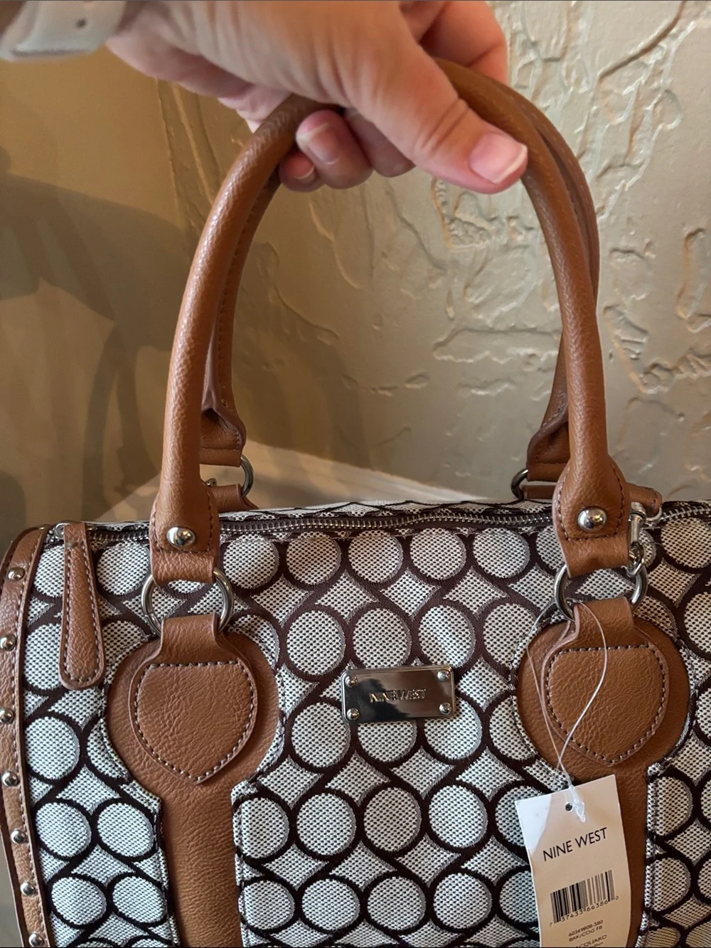Nine West Beige and Brown Jacquard Satchel